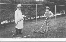 SA1708.50 - Photo shows two brothers cutting grass, one with a scythe and the other with a rotary mower. Identified on the front., Winterthur Shaker Photograph and Post Card Collection 1851 to 1921c